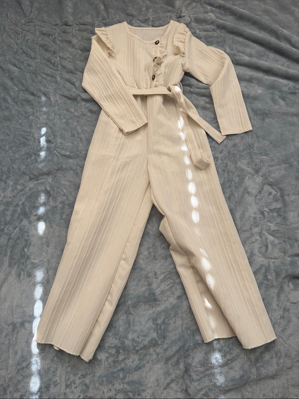 Girls Cream Ruffled Button Jumpsuit - Picture 3 of 4
